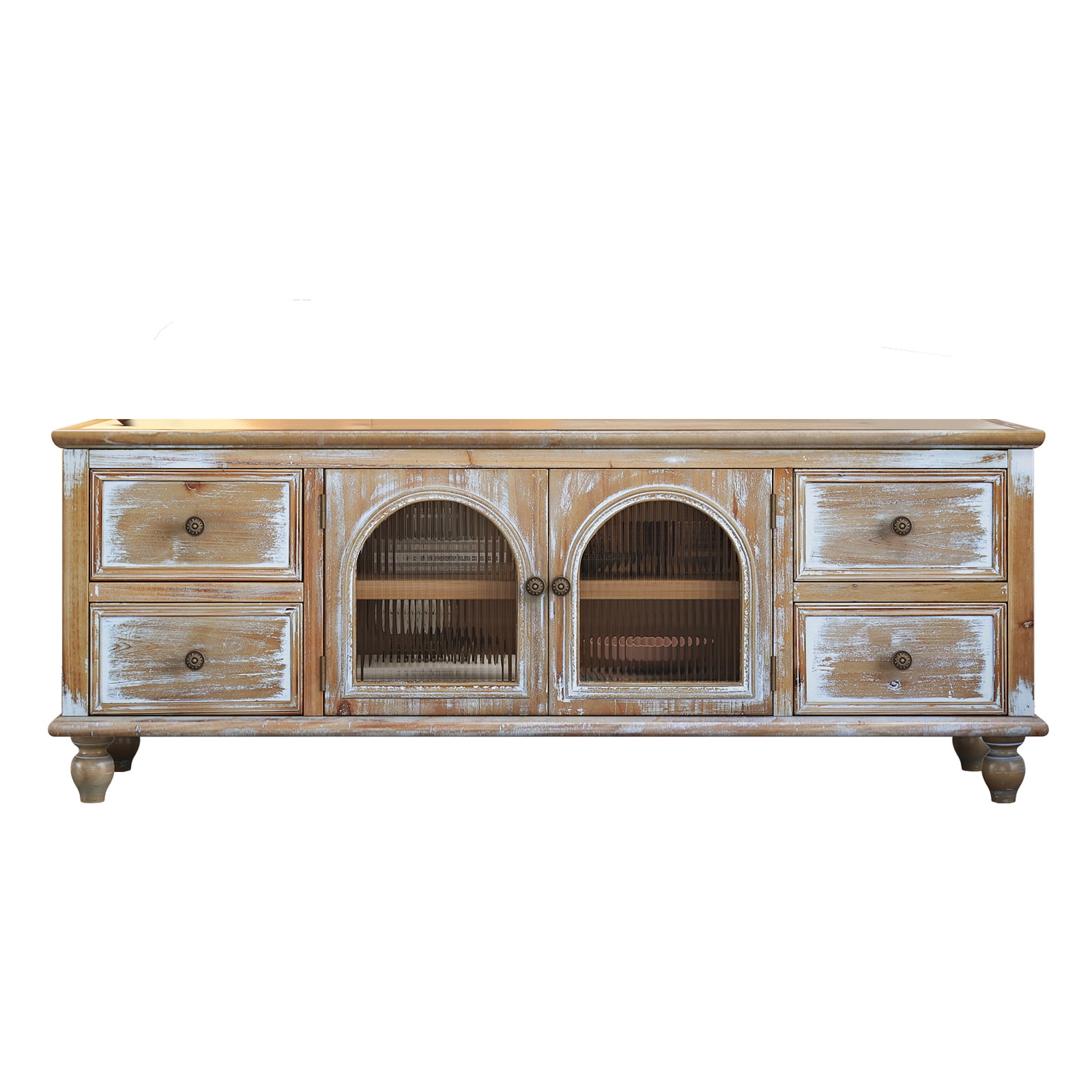 60" Farmhouse TV Stand with 4 Drawers & 2 Glass Doors, Rustic Wood Media Console, Distressed Entertainment Center for TV, Natural Antique White