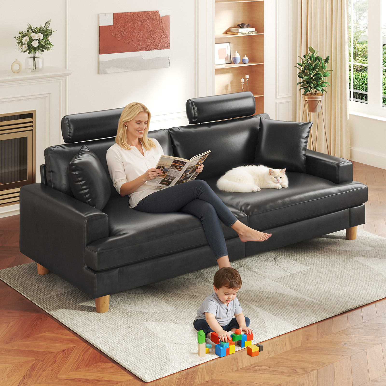 87" Sofa Premium PU Leather Couch with Headrest, Comfy 27" Extra Deep Seat 3 Seater Sofa for Living Room, Includes 2 Pillows, Black