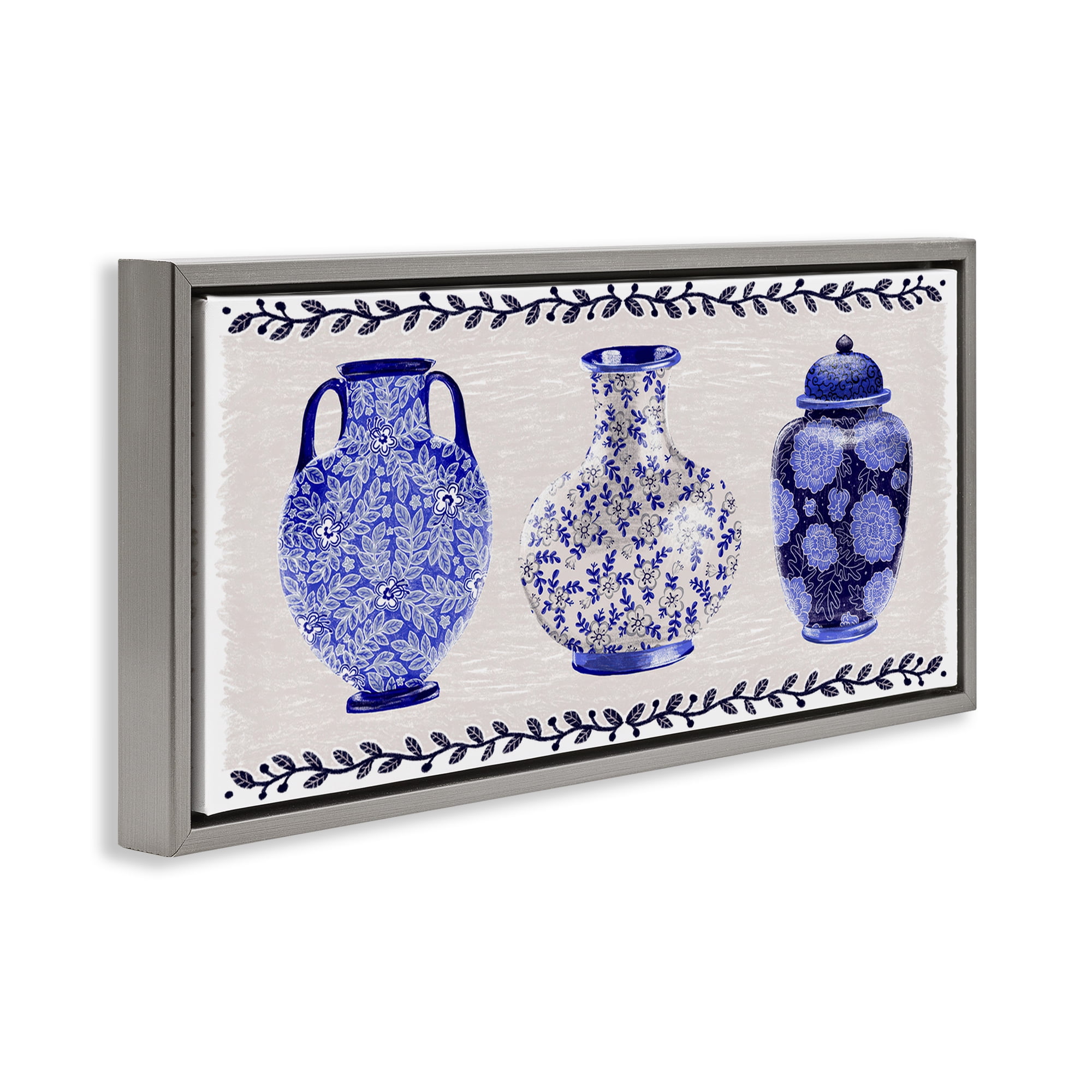 Stupell Industries Traditional Blue Vases Plants & Flowers Painting Gray Floater Framed Canvas Art Print Wall Art, 31 x 14