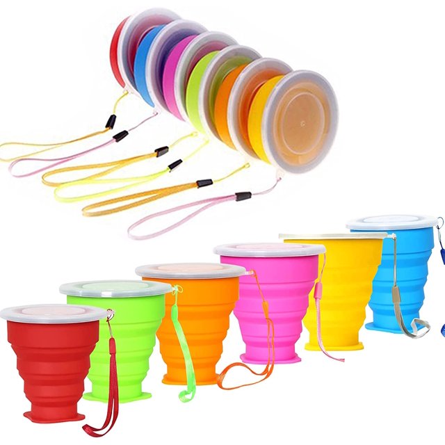 Vaso de viaje plegable de silicona, paquete de 6 vasos de silicona plegables con tapa, juego de vasos extensibles, taza reutilizable para camping, senderismo, viajes Ormromra DLM267