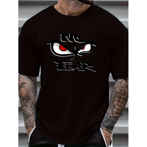 Camiseta con estampado gráfico "NO FEAR" para hombre, 100 % algodón, estilo casual, manga corta, cuello redondo, diseño de ojos llamativos con detalles rojos, cómoda para el día a día.