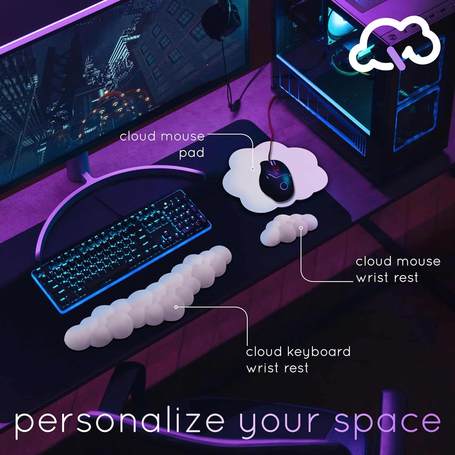 Cloud Keyboard Wrist Rest – Qloud Cloud Wrist Rest for Computer Keyboard and Mouse, Ergonomic Memory Foam Wrist Pad with Non-Slip Base, Includes Cloud Mouse Pad – White
