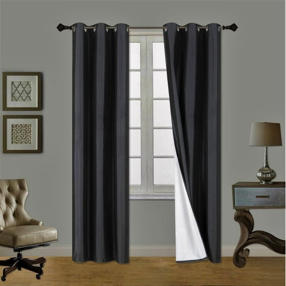 1 Pair Black Noa 84" Length Insulated Lined 100% Heavy Thick Blackout Silver Grommet Window Curtain Panels Drapes Not See Through Energey Saving