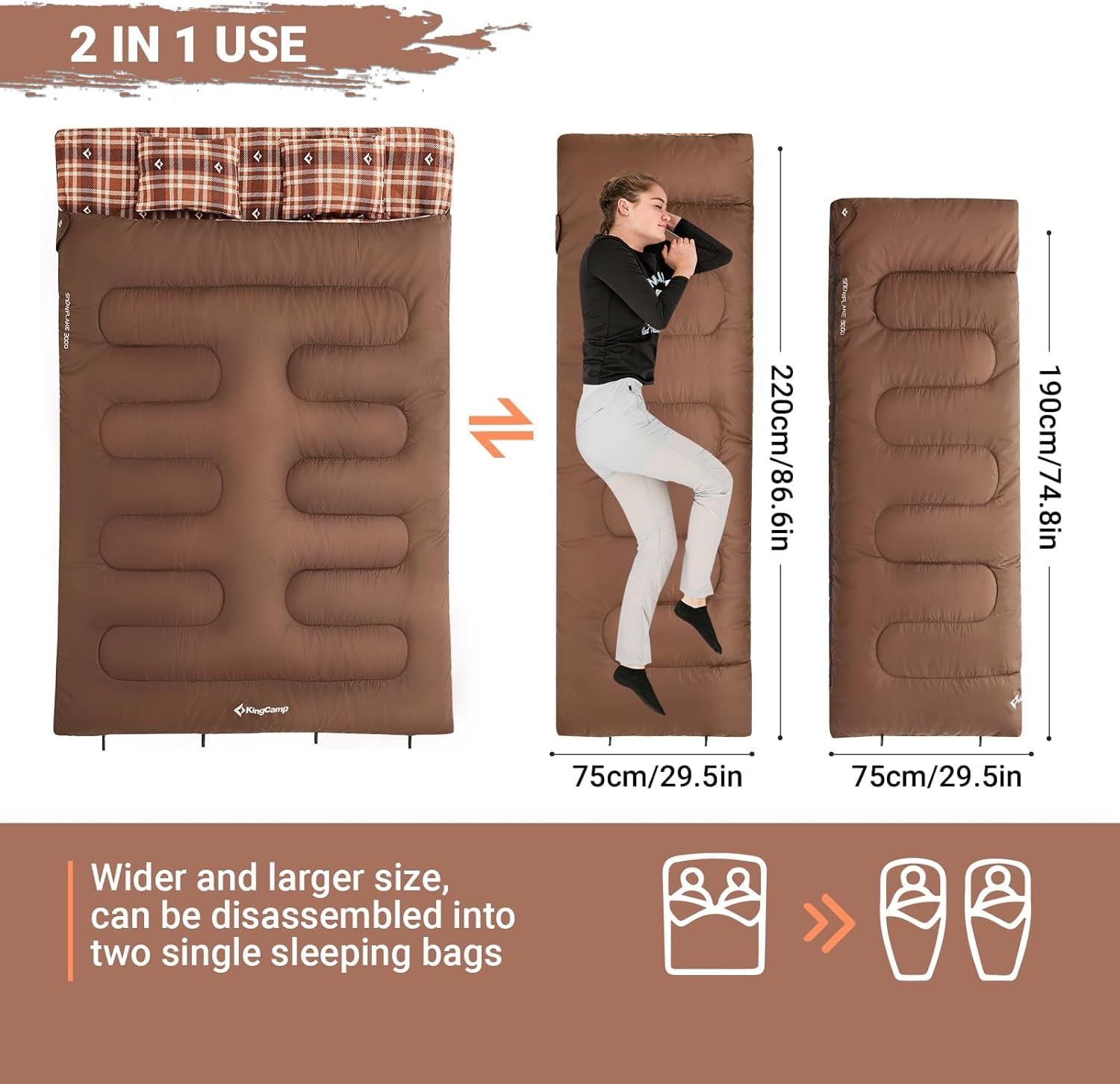 KingCamp Queen Size 2-Person Double Cotton Flannel Sleeping Bag - 8°F-44°F Cold Weather Rating, Lightweight & Compact for Backpacking, Includes Pillows for Couples & Family Camping, 8.8LBS (Coffee)