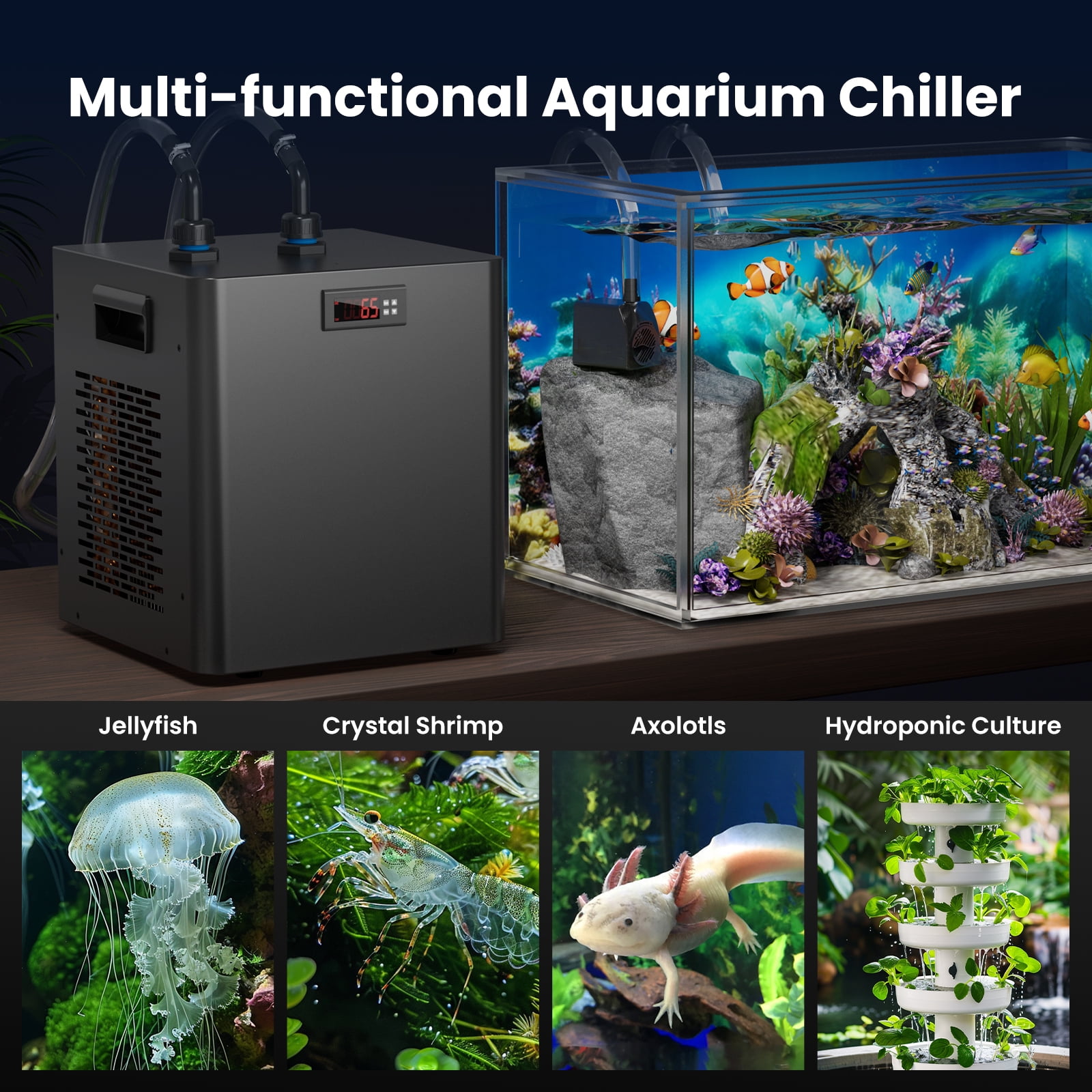 Ecojoy  Aquarium Water Chiller 75 Gallon, 1/3HP Fish Tank Chiller 300L with Quiet Compressor Refrigeration for Hydroponic System Axolotl Jellyfish Coral Crystal Shrimp