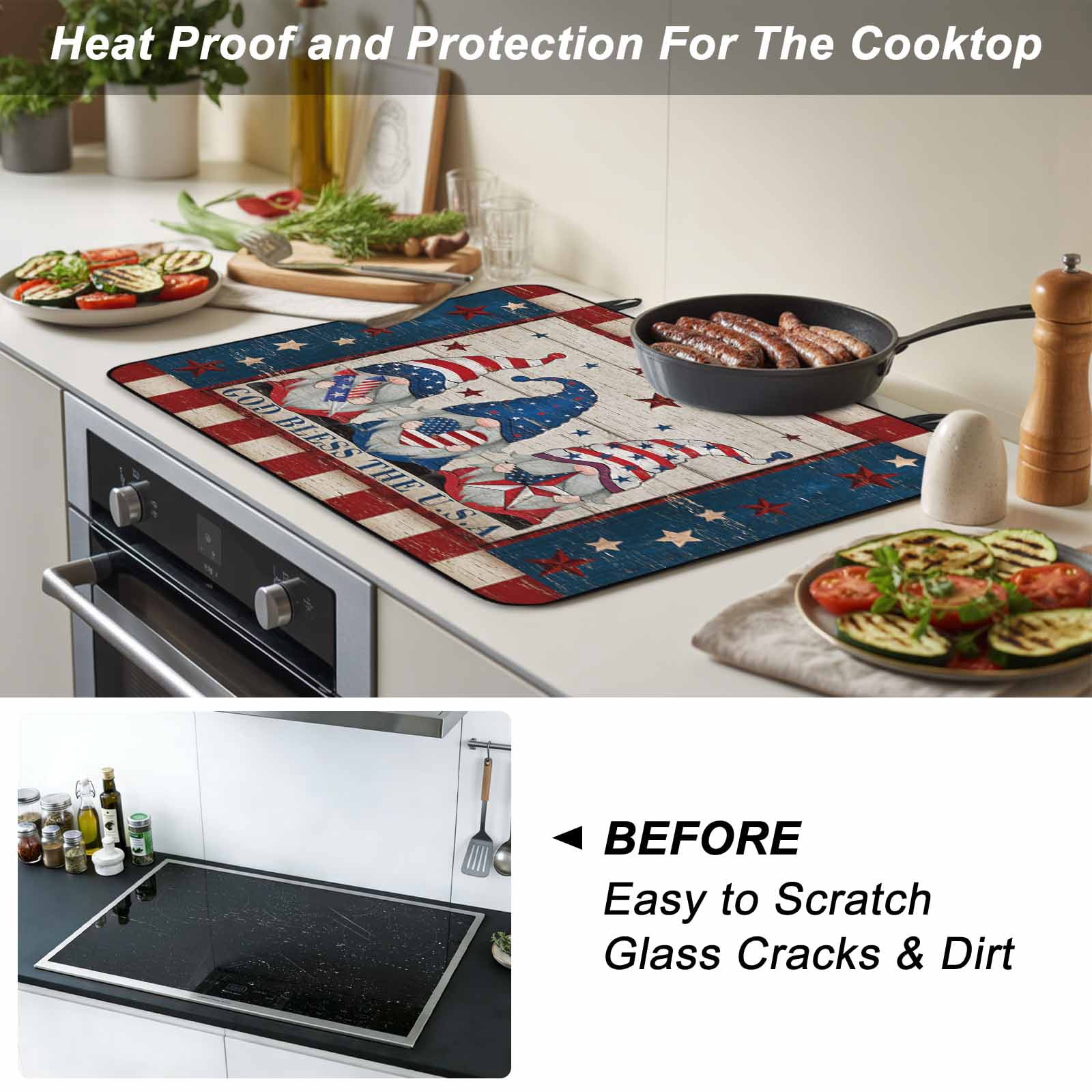 4th of July Gnomes Stove Top Cover for Electric Stove, Heat-proof & Non Slip Glass Top Stove Cover Protector, Independence Day Dwarf American Flag Star Kitchen Flat Cooktop Rubber Mat 24x21 Inches
