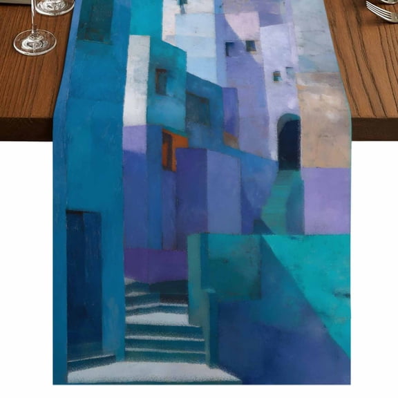 Table Runners 72 Inches Long Dress Scarves, Abstract Blue Farmhouse Kitchen/Dining Table Runner, Coffee Tablerunners, Painting Buildings Geometric Color Block 18x72 Inch