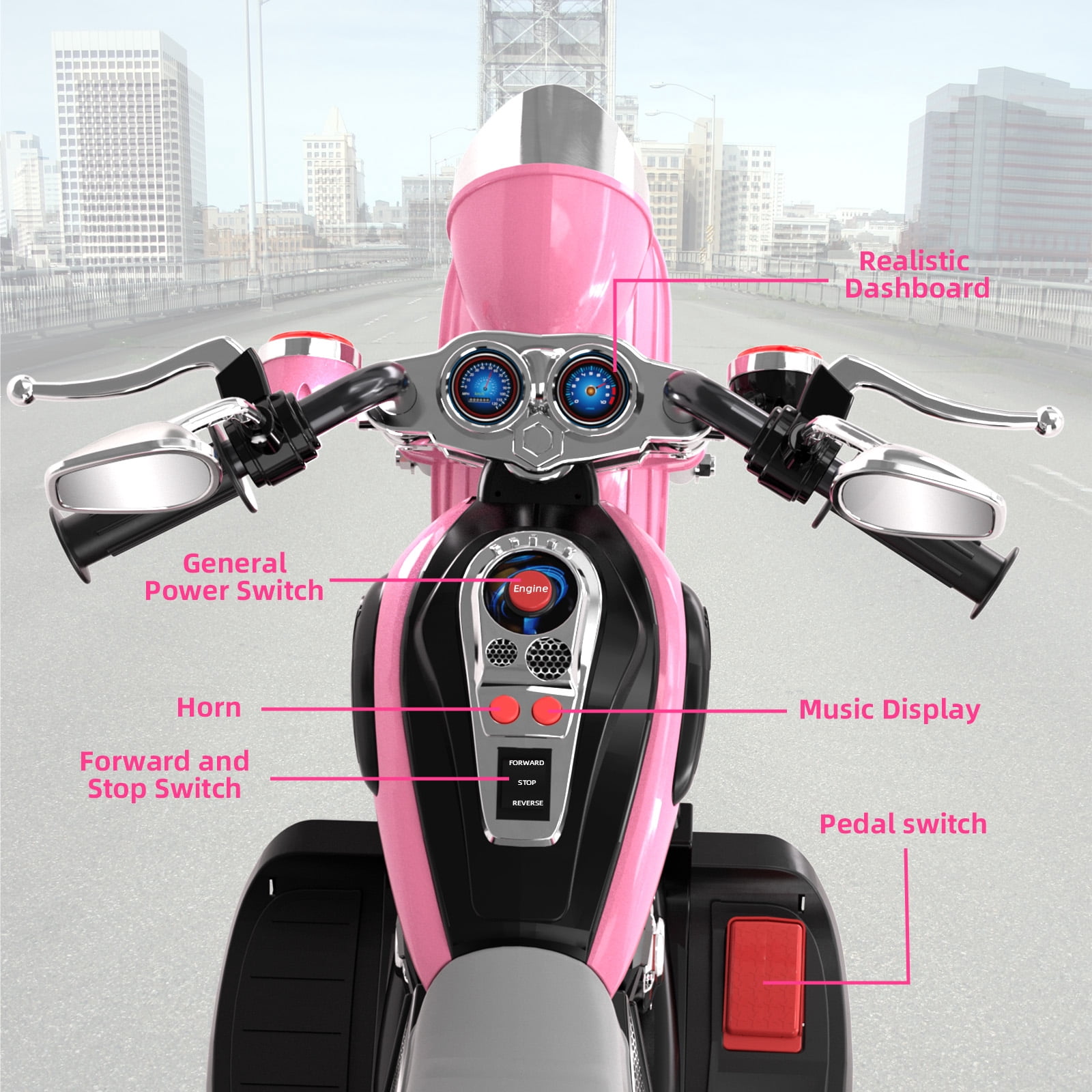 GLAF Kids Motorcycle for Boys & Girls Ages 3-6, 6V Battery Powered Electric Motorbike, 3 Wheels Ride on Toys with LED Lights, Bluetooth Music, Pink