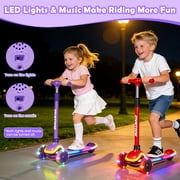 JoyStone Kick Scooter for Kids with LED Light Wheels & Music, 3 Adjustable Height Handlebars, Lean-to-Steer Technology, 3 Wheel Scooter for Toddlers Girls Boys Up to 110 Lbs, Purple