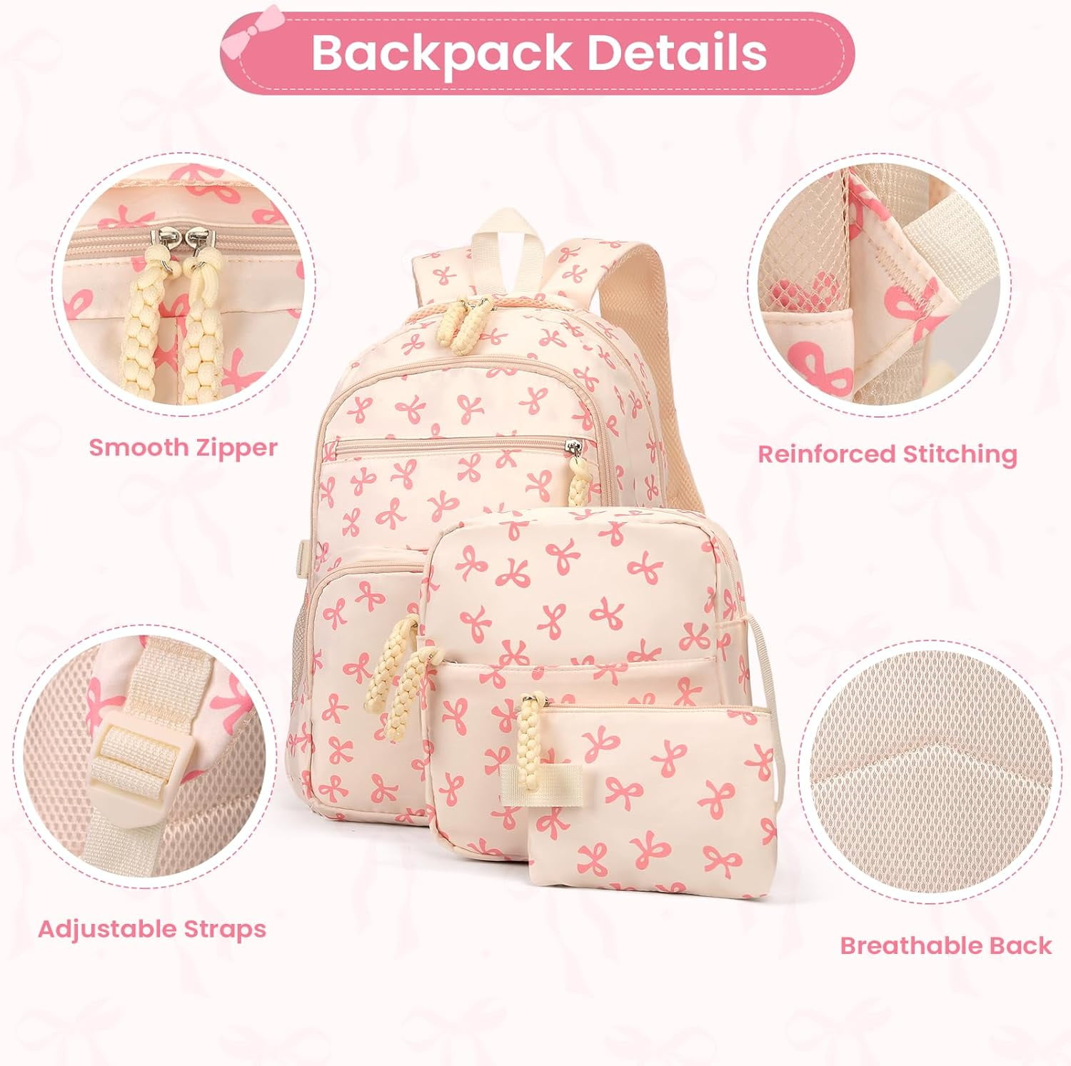 Lohol Coquette Aesthetic Backpack - Cute Kawaii Bow Rucksack for Women, Trendy & Lightweight Nylon Daypack (A01 Bow Pink)