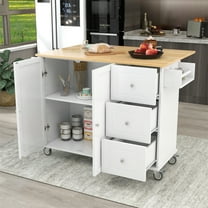 Rolling Mobile Kitchen Island with Foldable Drop Leaf,Solid Wood Top and Locking Wheels, 52.7 Inch Width Kitchen Cart with Adjustable Shelves,Storage Cabinet Drawers,Spice Rack & Towel Rack, White