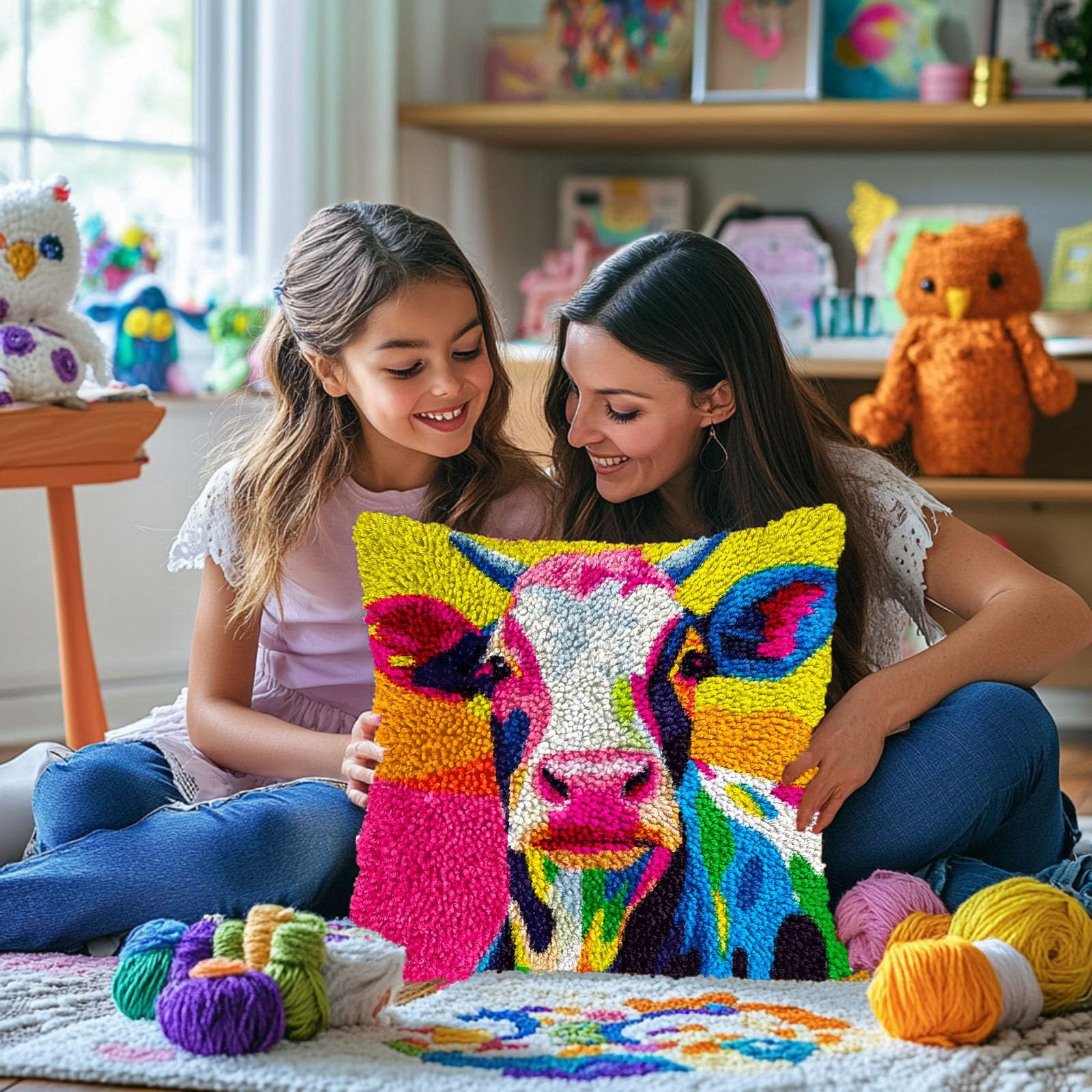 Colored Dairy Cow DIY Latch Hook Pillow Kits for Adults Printed Pillowcase Crochet Yarns Hooking Handmade Pillow Cover Cushion for Home Sofa Decoration 17x17inch