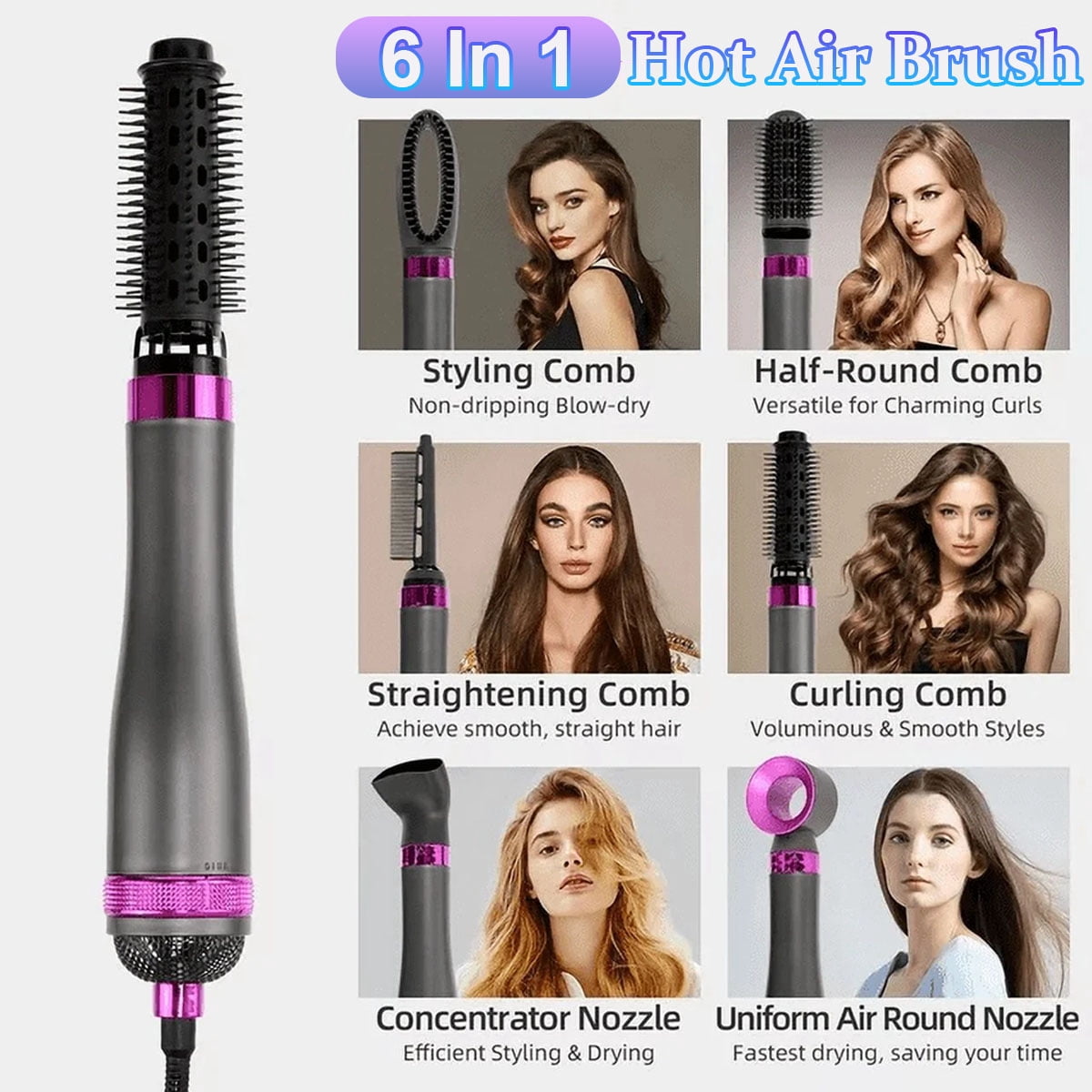 Yiliangx 6 in 1 Hair Dryer Brush,Detachable Multi-Head Blow Dryer, Hair Volumizer,One-Step Hot Air Brush for Straightening,Curling,Drying,Multifunctional Hair Dryer Styling Tool