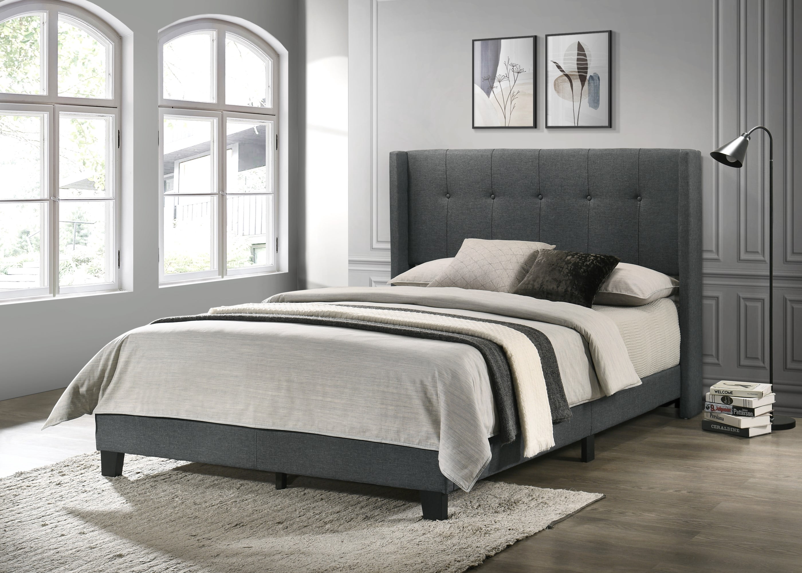 Home Design Evelyn King Upholstered Panel Bed Frame with Button Tufting and Wingback Design, Charcoal Gray, Easy Assembly