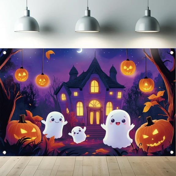 71x43 inch Halloween Backdrop with Cute Haunted Pumpkin Ghosts and Spooky House Scene,Perfect as a Photo Background for Kids and Halloween Party Deco