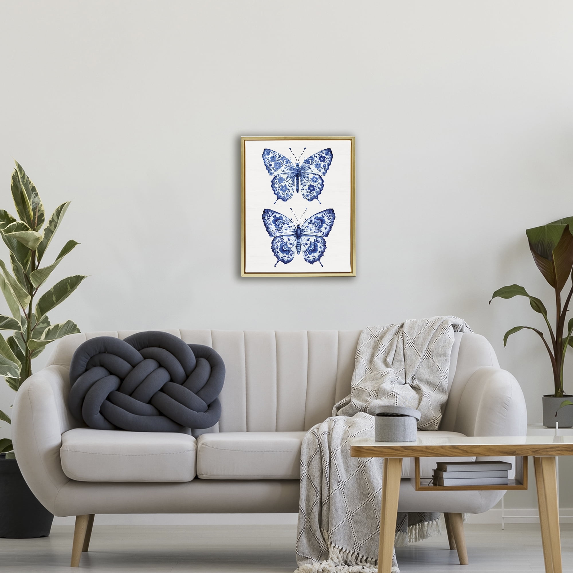 Ornate Toile Pattern Butterflies Gold Framed Floater Canvas Wall Art, design by Lettered and Lined