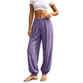 thumbnail image 2 of Ynynloco Womens Summer Casual Cotton Linen Pants Drawstring Elastic High Waisted Work Trousers Joggers Trendy Harem Pants with Pockets, 2 of 8