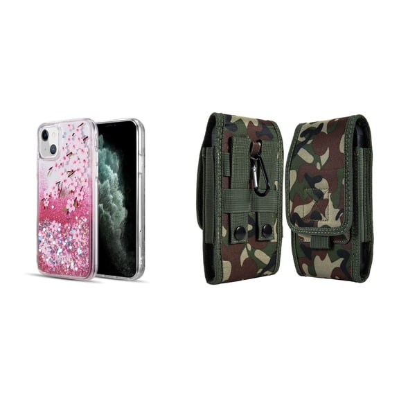 Liquid Glitter Case for iPhone 14 and Belt Holster Pouch (Cherry Blossom/Jungle)