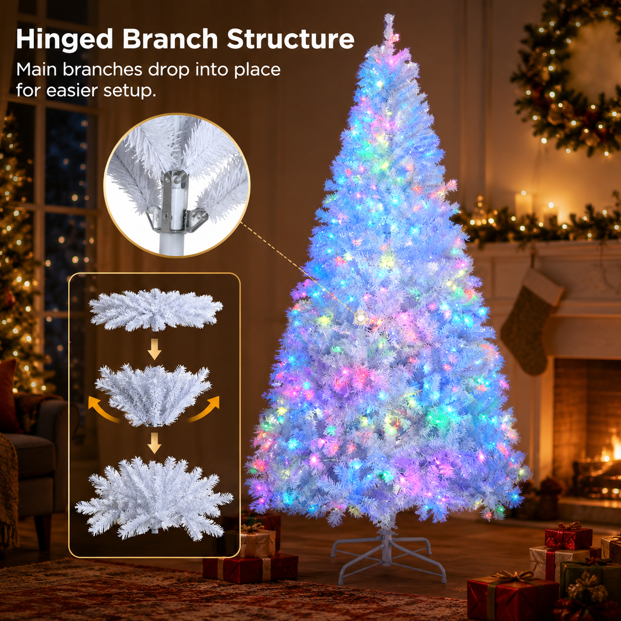 Alvantor 7 ft Pre-Lit Artificial Christmas Tree with 400 App-Controlled RGB LED Lights, Hinged Branches and 1150 PVC Tips, White