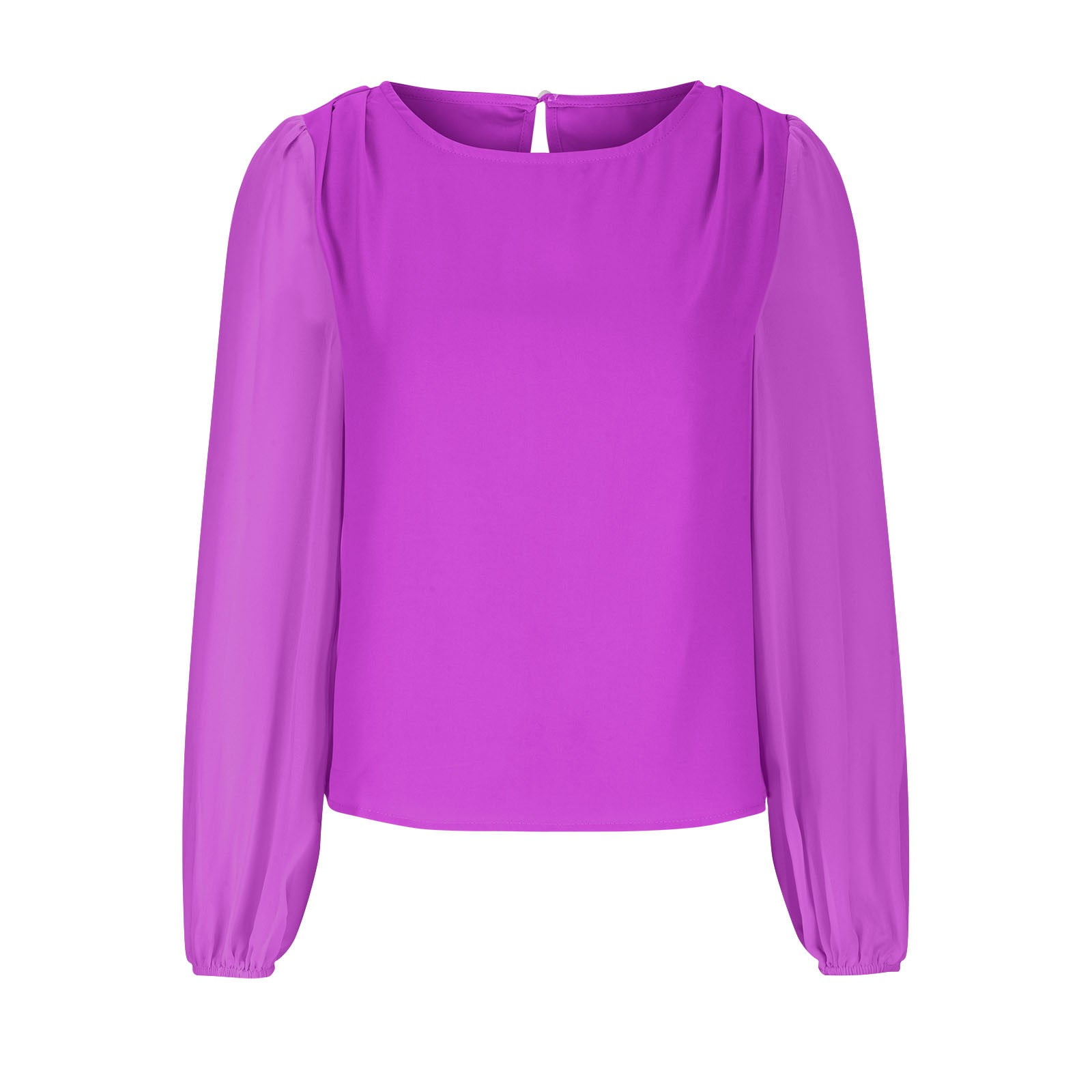 Timegard Hauts pour Femmes en Chiffon à Manches Longues Bouffantes Col Rond Froncé Dos Boutonné T-Shirts Décontractés Amples