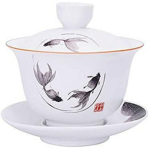 Porcelain Gaiwan 8oz Teacup White Glazed Tureen Chinese Sancai Cover Bowl Lip Cup Saucer Set (Fish)