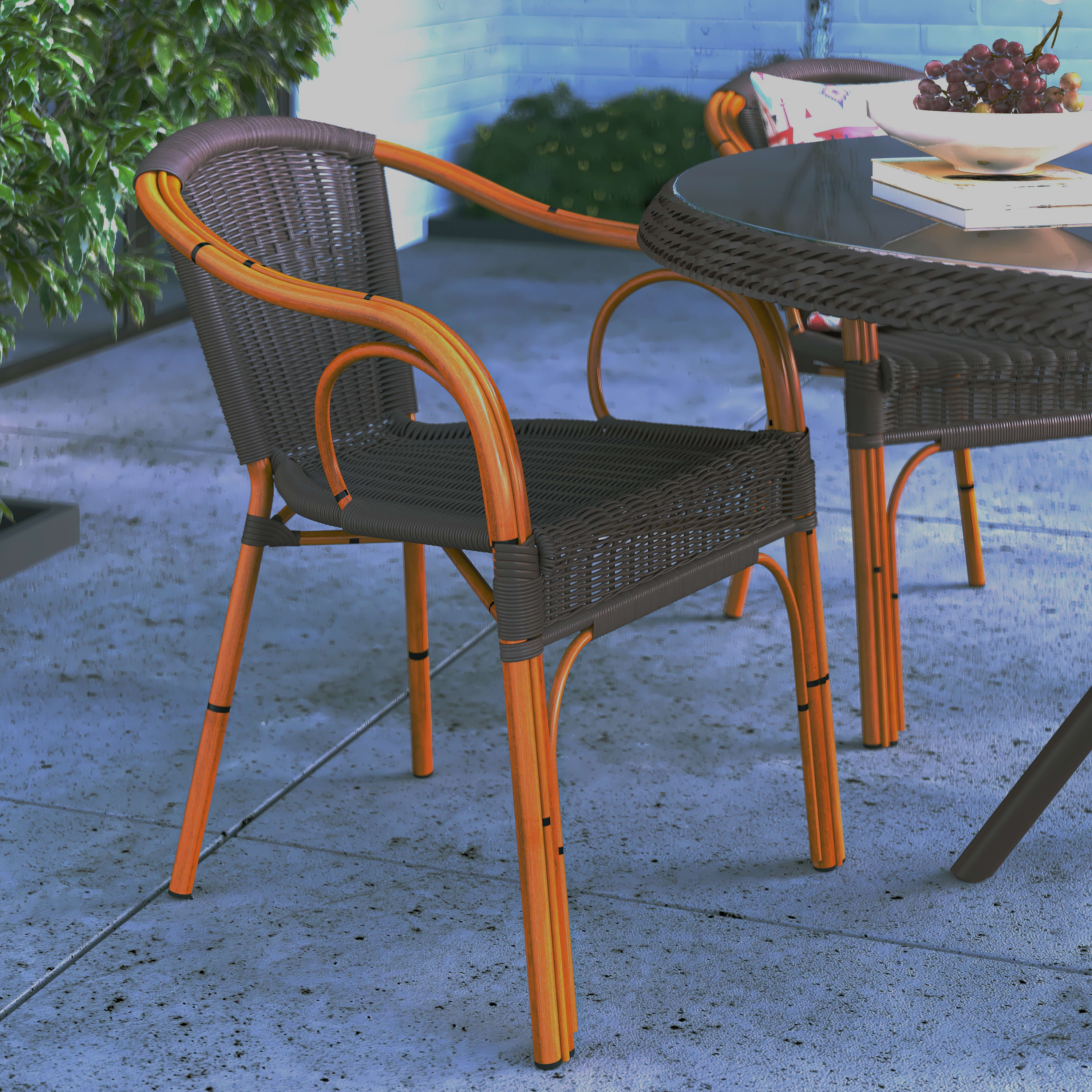 Merrick Lane Stacking Rattan Patio Chair with Bamboo-Look Aluminum Frame, Dark Brown/Red