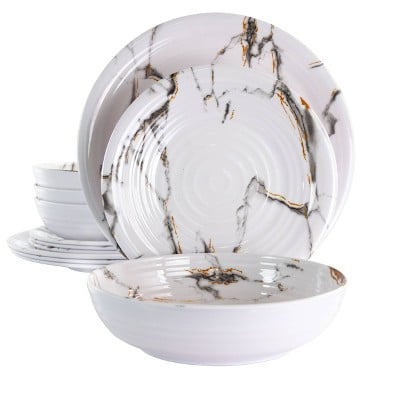 12pc Melamine Fine Sculpture Dinnerware Set White - Solid Dish Set, Service for 4, Includes Plates & Bowls