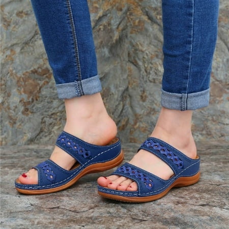 

YOTAMI Platform Sandals for Women Lightweight Soft Sole Large Size Retro Slope Heel Comfortable Women s Summer Slippers Dark Blue 9.5