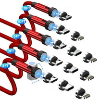 Magnetic Charging Cable [5-Pack,3/3/6/10/10FT] 3 in 1 Magnetic Phone Charger 360°&180° Rotating Magnetic Charger Cable with LED Light Nylon Braided Cord for Micro-USB, USB C and i-Product Device-Red