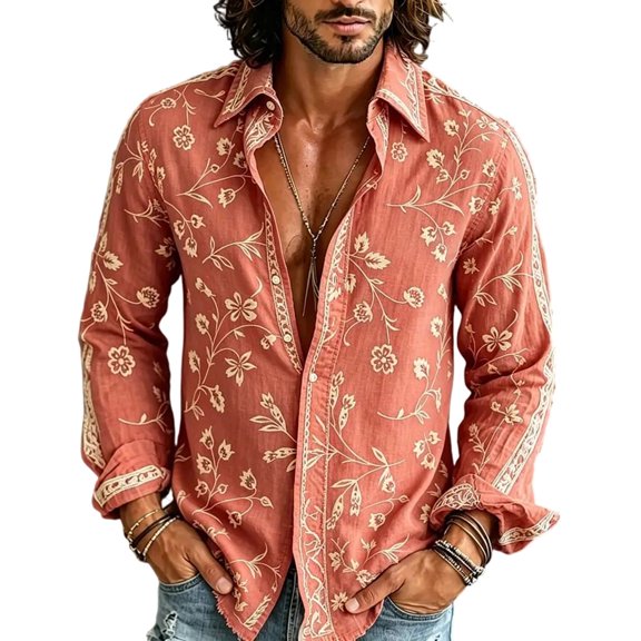 Men's Boho Floral Print Long Sleeve Shirt 70s Vintage Button Up Shirt Relaxed Fit Holiday Party Wear Shirt