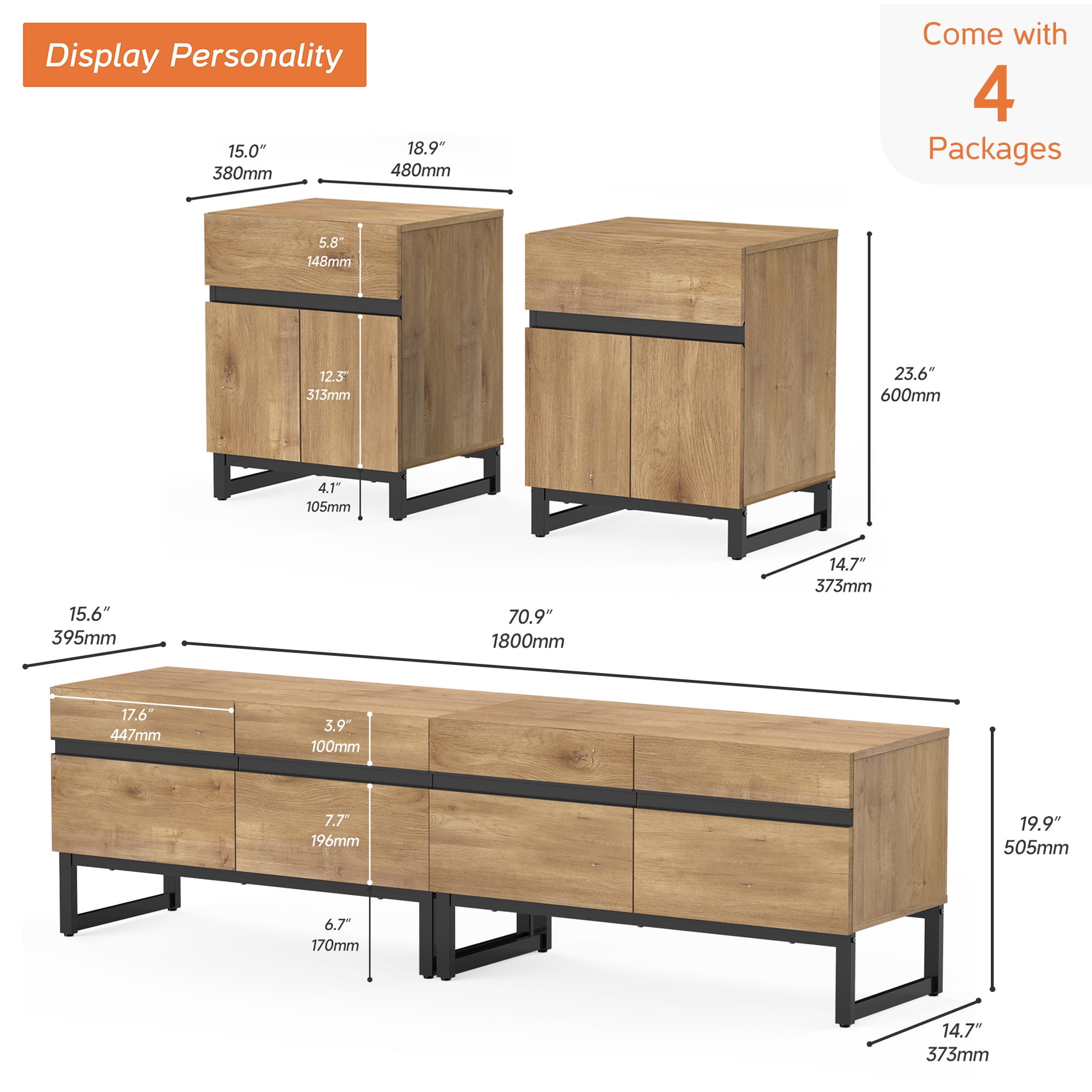 Modern 3-Piece Living Room Set, 71 Inch TV Stand And 2 End Table Sets With Drawers, Media Console with Storage Shelves, Sturdy Wood Frame & Metal Legs, Contemporary Furniture for Living Room,Oak