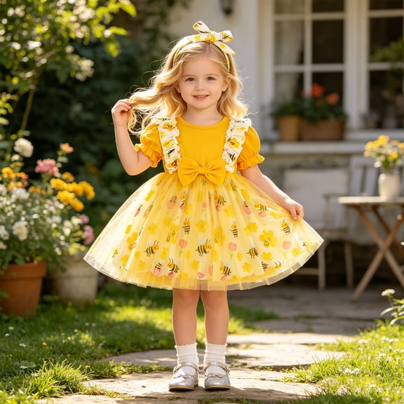 Trendfront Baby Girls Ball Gown Tutu Dress Mid-Length Short Sleeve Bee Pattern Mesh Ruffle Bow Decor Headband Set Birthday Party Outfits