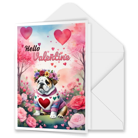 Hello Valentine’s Day Bulldog Flower Crown Romantic Pink Floral 5x7in Folded Greeting Card Dog Lover Gifts Idea Single Note Card with Envelope - 00031