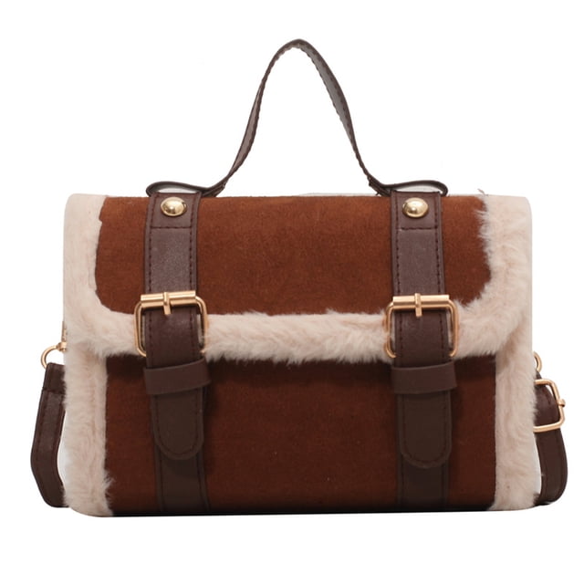 Minnieouse Bolso pequeño cuadrado espacioso y a la moda para mujer, bolso pequeño de felpa de cordero para ocio, otoño e invierno Bolsas de mensajero y de hombro marrón