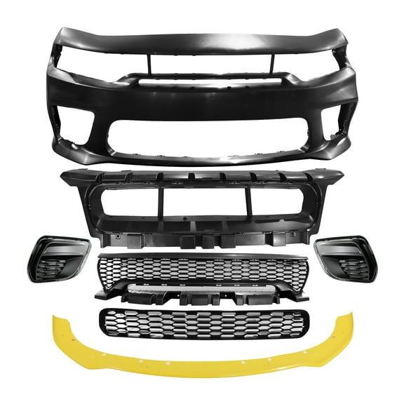 Ikon Motorsports Front Bumper Conversion W/ Yellow Lip Compatible With 2015-2023 Dodge Charger Widebody Style Front Bumper Cover & Upper Grille & Lower Grille & Foglight Covers