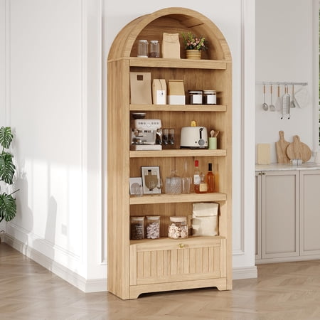 Arched Bookcase 6 Tier Tall Bookshelf with Drawer and Open Shelves Anti Tip Device Natural Wood Finish Gold Handles for Living Room Bedroom Home Office