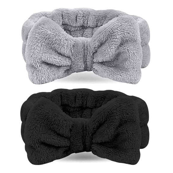 Emlimny Spa Headband - 2 Pack Microfiber Bowtie Headbands Bowknot Hair Bands Makeup Head Wraps Soft Cute For Shower Washing Face(black&gray)