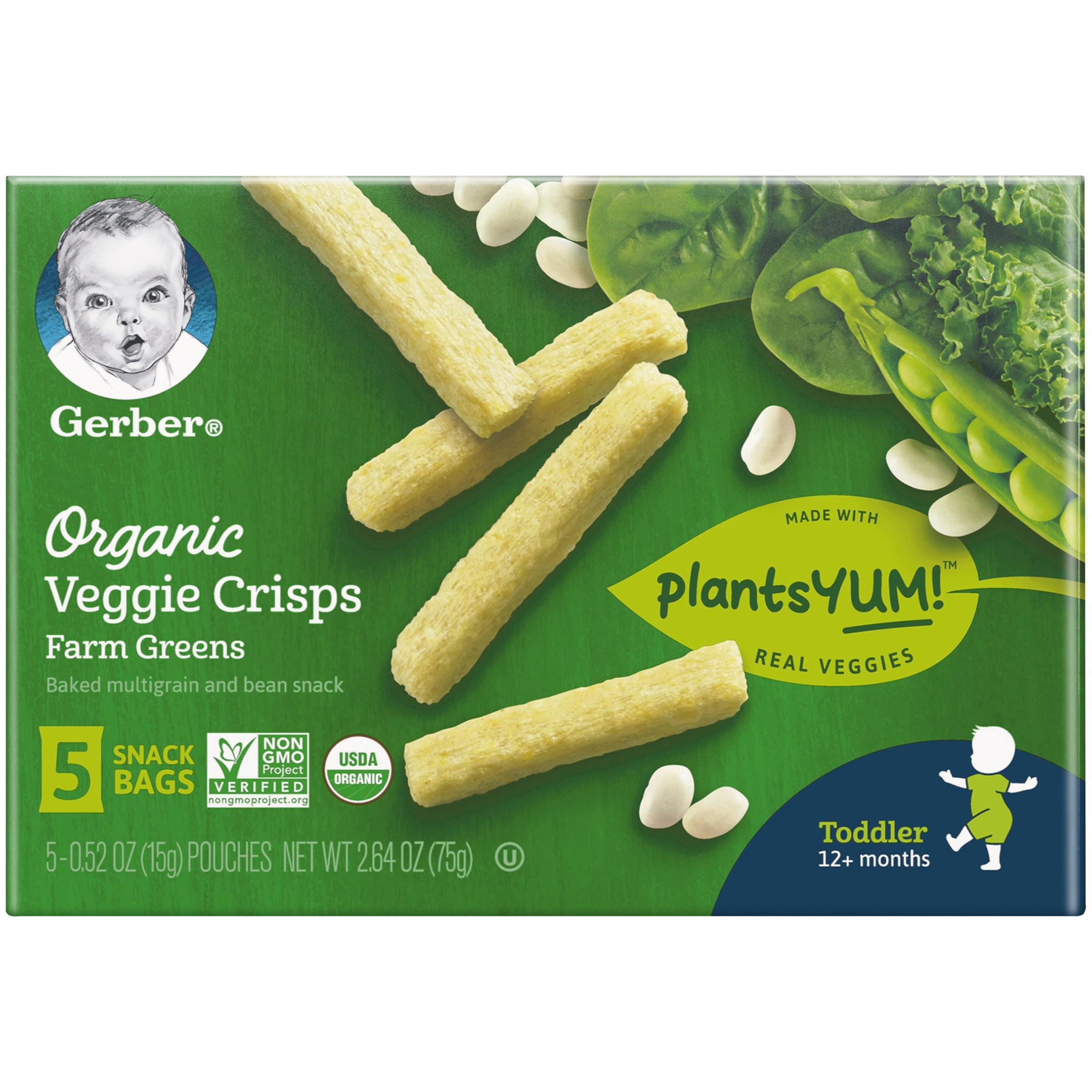 Gerber Organic Veggie Crisps, Farm Greens, 0.52 oz. Pouch, 5 Count