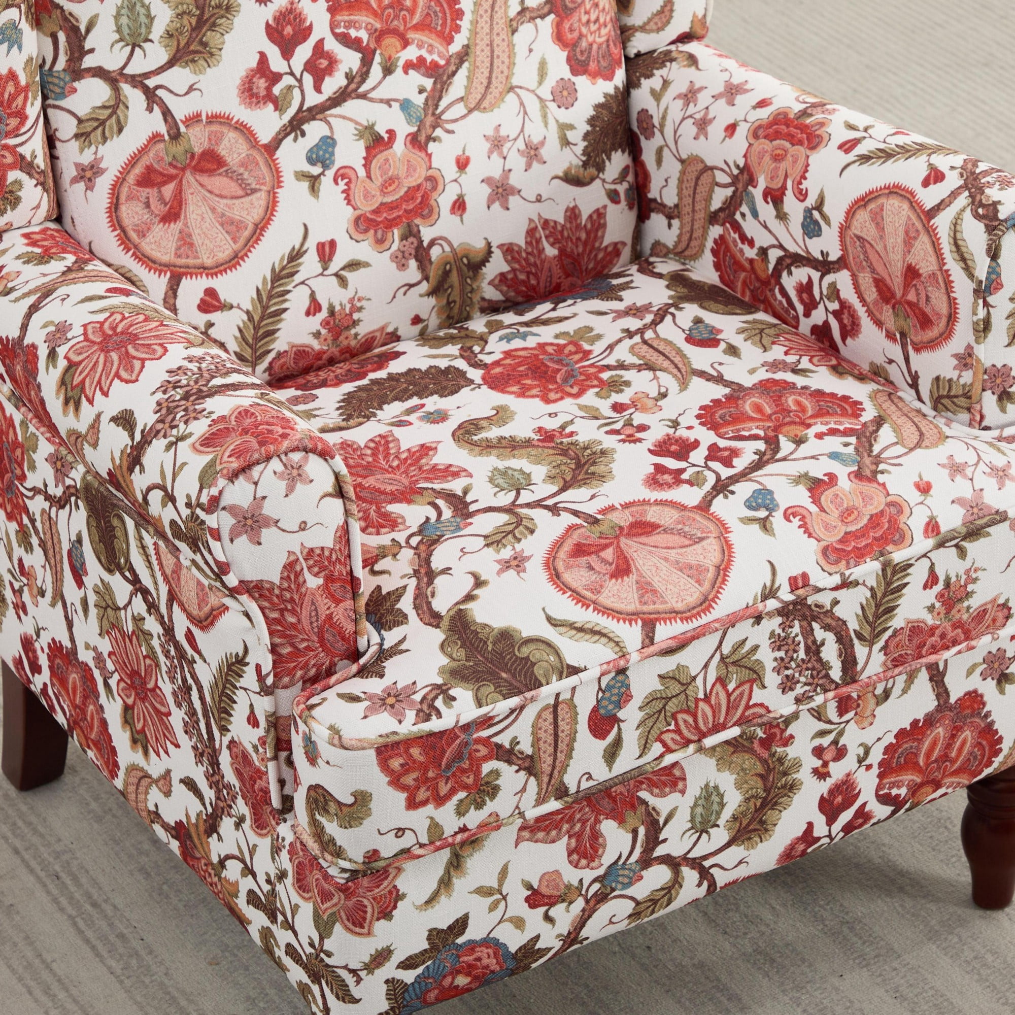 Modern Accent Chair with Wood Legs,Retro Upholstered Armchair Single Sofa Chair Reading Accent Chair for Living Room Bedroom Office,Floral Red