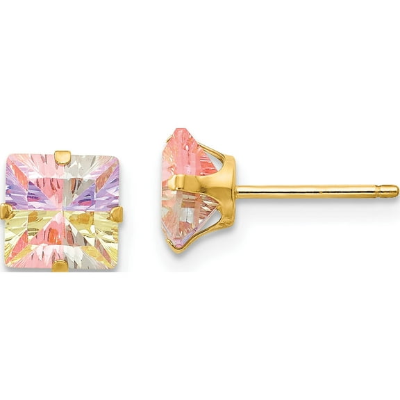 14K Yellow Gold Madi K Multi-Color Cz 6mm Square Post Earrings (6 X 6) Made In United States se2302
