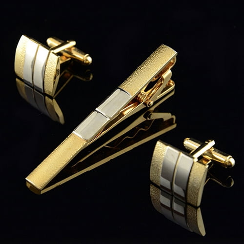 Silver tie bar and cufflink set with logo