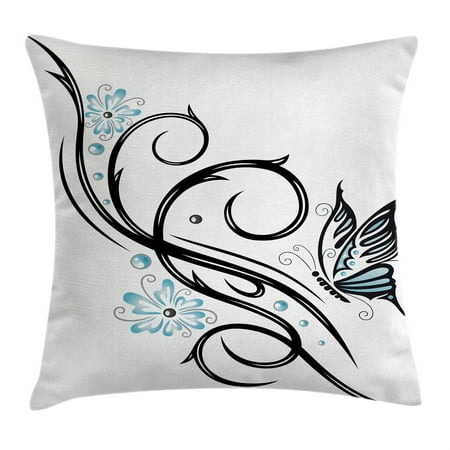 Design A Cushions Tattoo Decor Throw Pillow Cushion Cover, Leaf like Design with Blue Flowers and a Flying Butterfly Image, Decorative Square Accent Pillow Case, 24 X 24 Inches, Blue Black and White, by Ambesonne ()