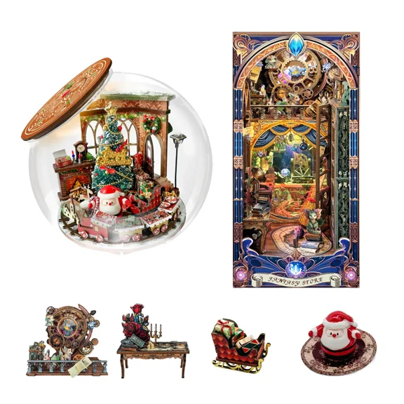 Strucwood 2-Piece DIY Book Nook Kit Set: 3D Wooden Puzzles with LED & Dust Cover, Gifts for Adults (SW-0225)