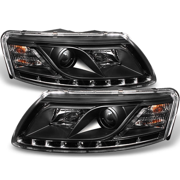 AKKON - For Audi A6 C6 Sport Sedan Black Bezel DRL Daytime LED Strip Projector Headlights Lamps Left   Right
