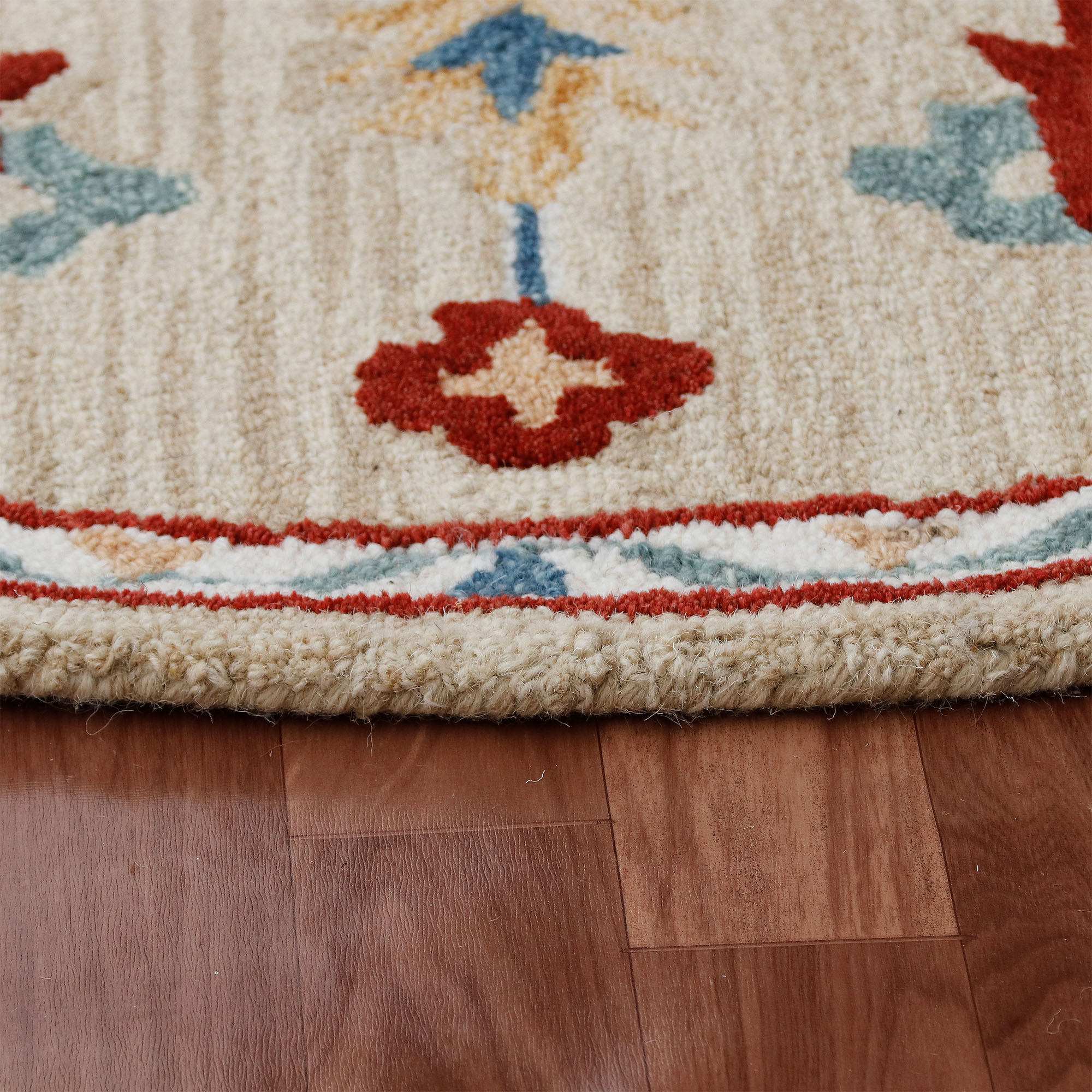 Elm & Oak Clio 7'3" Round Beige/Blue Medallion Handmade Wool Indoor Area Rug