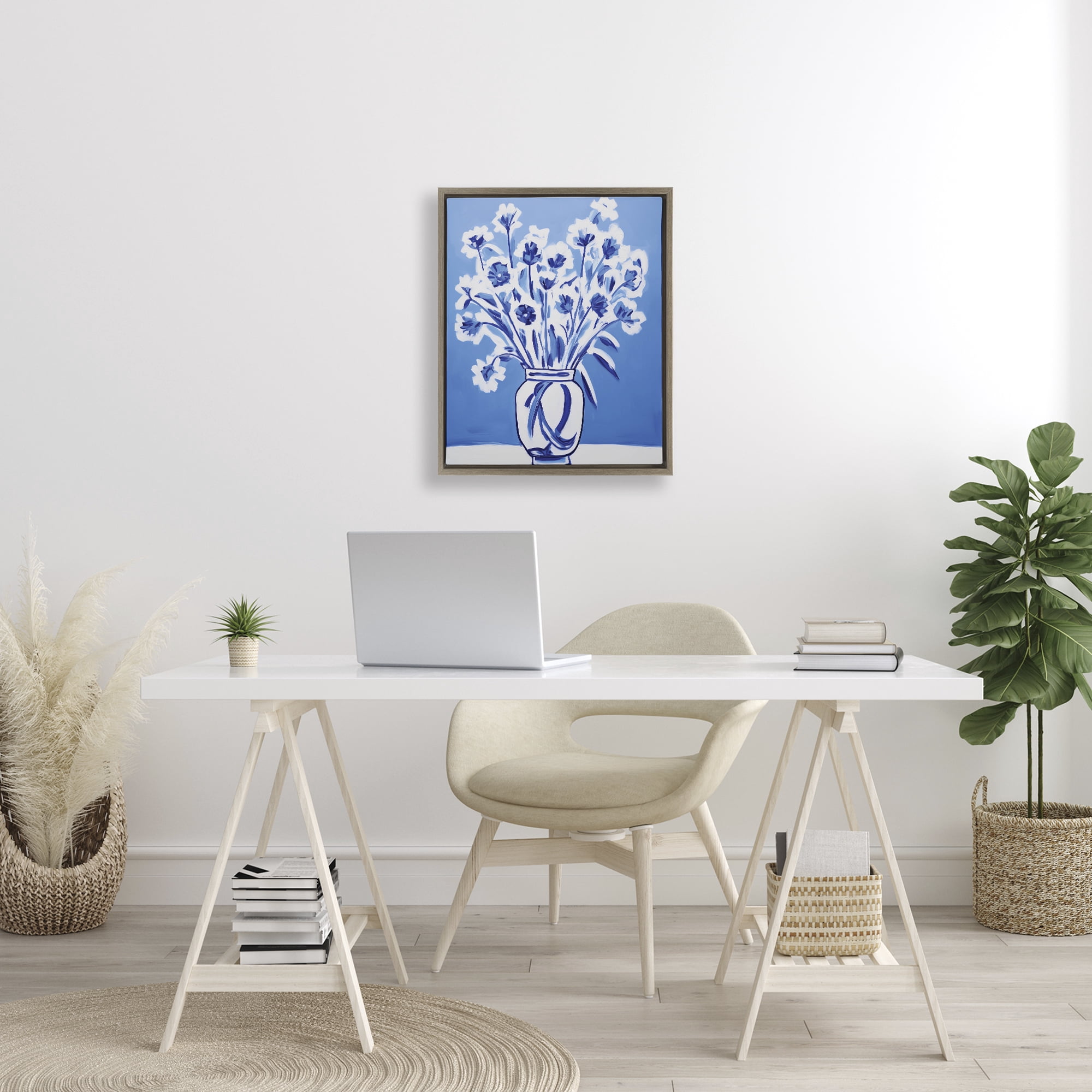 Blue & White Contrast Flowers Brown Framed Floater Canvas Wall Art, design by Lettered and Lined