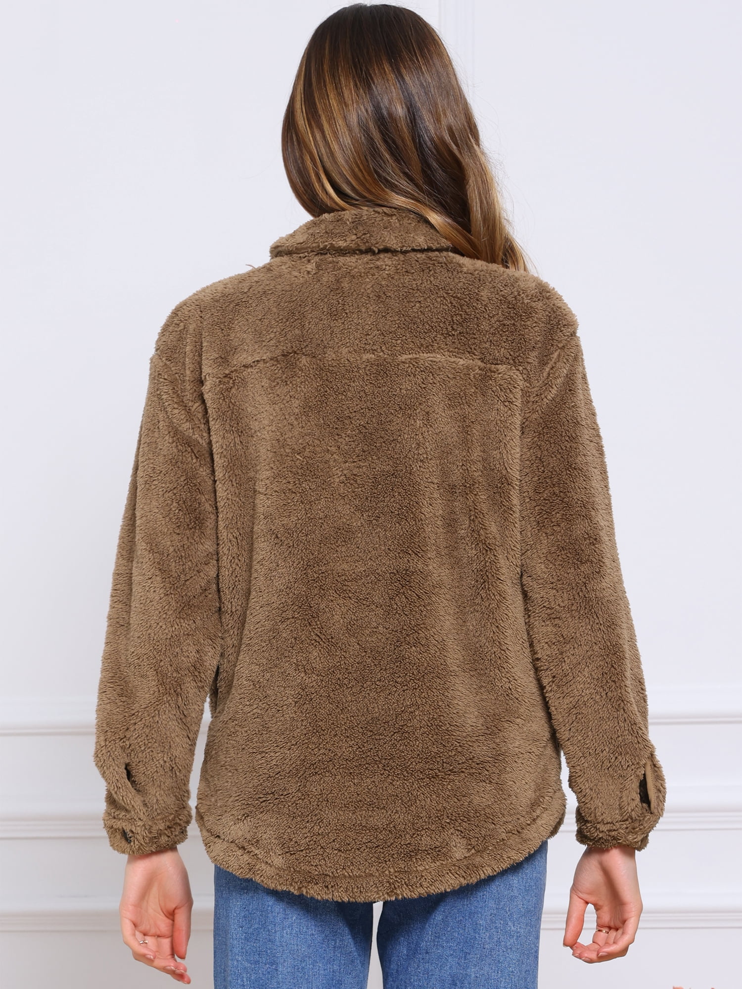 DARING DIVA Women's Fuzzy Teddy Pockets Button Down Faux Fur Coats M Brown