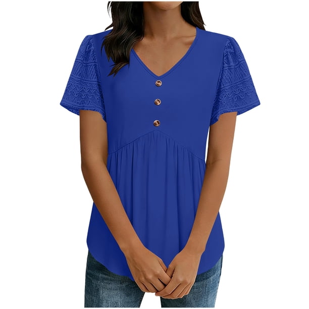 Camiseta de Encaje de Manga Corta de Cuello Alto para las Mujeres Muñeca de Manga Corta Botón para las Mujeres, Cintura Cinching V-Cuello de Verano Top