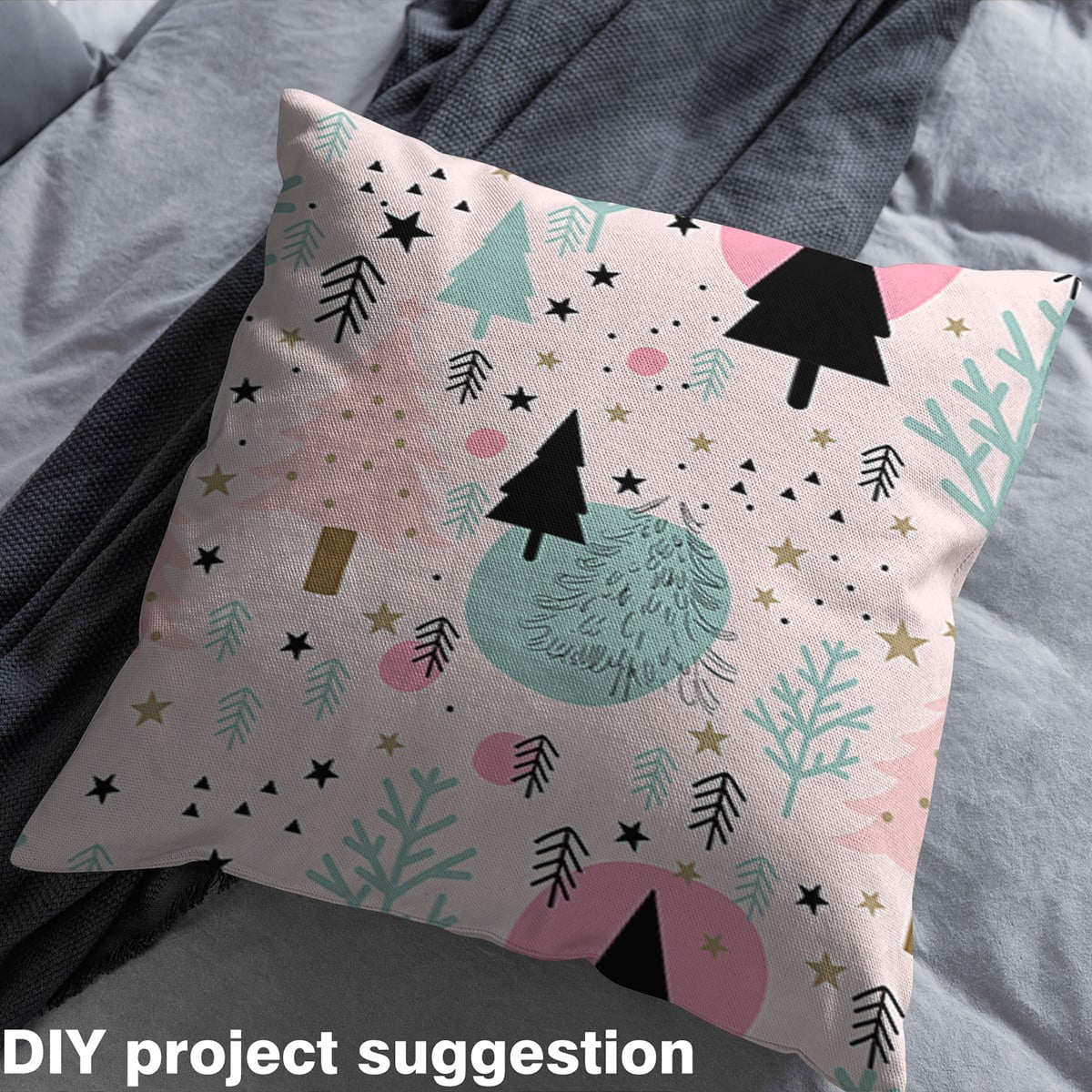Feelyou Pink Xmas Tree Fabric by the Yard 2 Yards for Girl, Winter Festivals Room Decor Fabric by the Yard, Cartoon Christmas Style Fabric for Sewing, Lightweight Room Decor