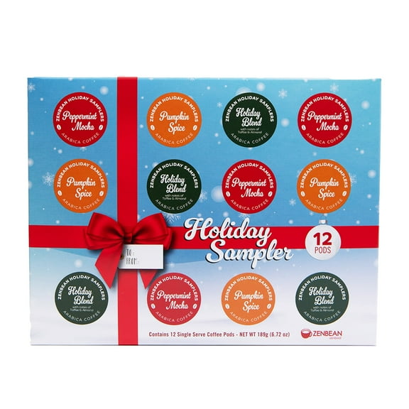 Zenbean Holiday Sampler - 12 Holiday K Cups, Nootropic Coffee Capsules, Works with Keurig Machines, Holiday Blend (with Notes of Toffee and Almond), Peppermint Mocha, & Pumpkin Spice Flavors